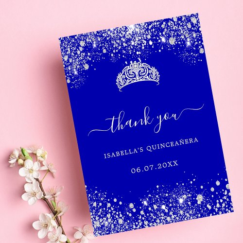 Quinceanera royal blue silver glitter tiara thank you card