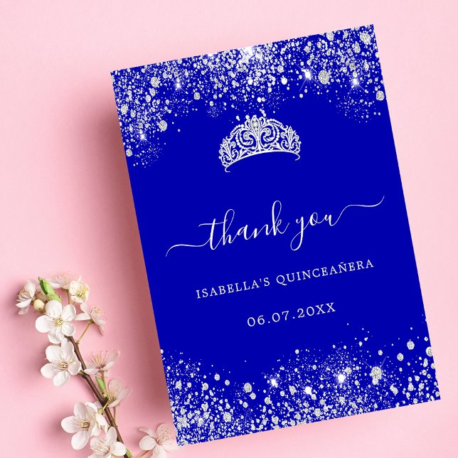 Quinceanera royal blue silver glitter tiara thank you card (Creator Uploaded)