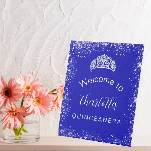 Quinceanera royal blue silver glitter welcome pedestal sign