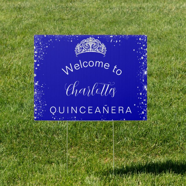 Quinceanera royal blue silver glitter welcome sign (Insitu)