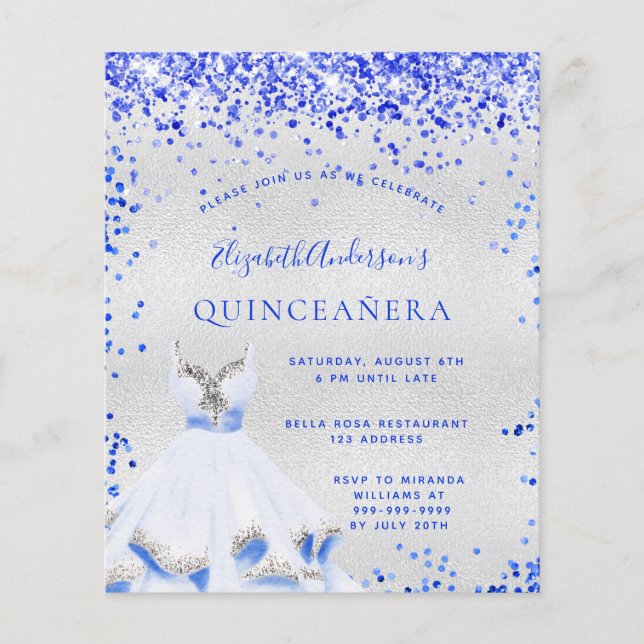 Quinceanera royal blue silver invitation (Front)
