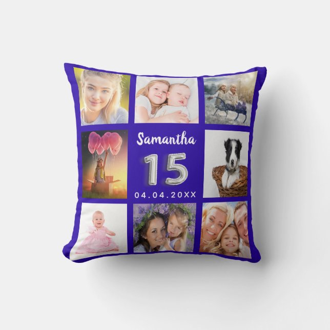 Quinceanera royal blue silver photo collage throw pillow (Front)