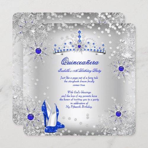 Quinceanera Royal Blue Silver Winter Wonderland Invitation