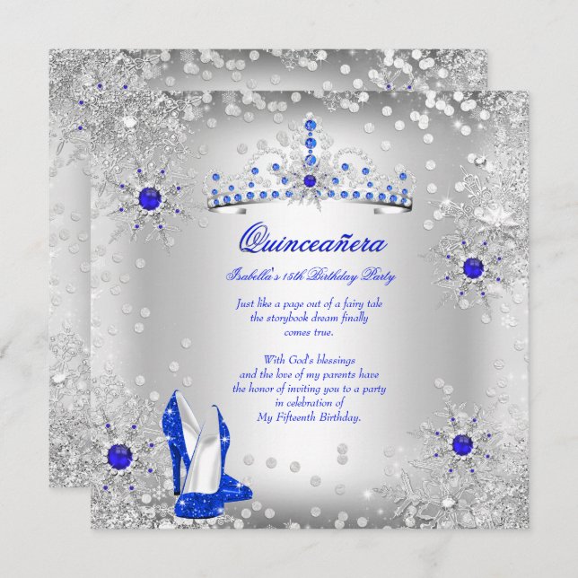 Quinceanera Royal Blue Silver Winter Wonderland Invitation (Front/Back)