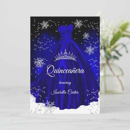 Quinceanera Royal blue snowflake Silver Dress Invitation
