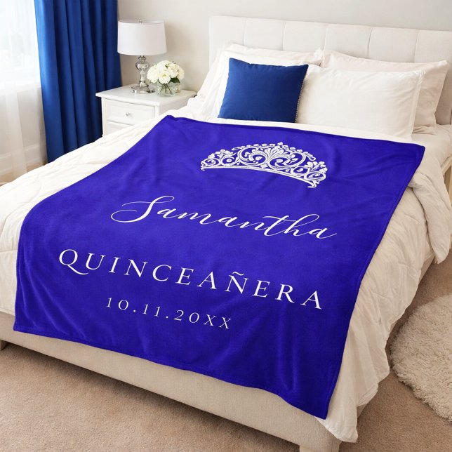 Quinceanera royal blue tiara crown name fleece blanket (Creator Uploaded)