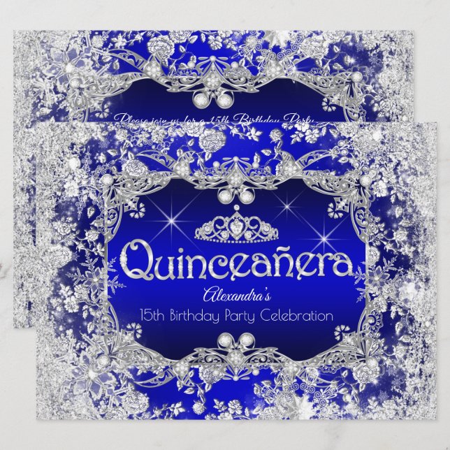 Quinceanera Royal Blue Tiara Winter Wonderland Invitation (Front/Back)
