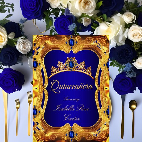 Quinceanera Royal Blue Ultra Gold Tiara Party Invitation