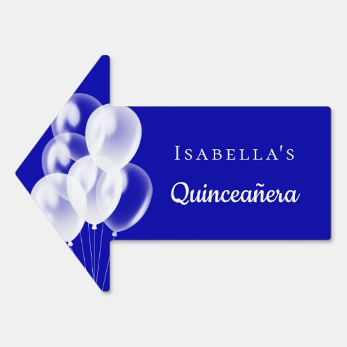 Quinceanera royal blue white balloons name arrow sign