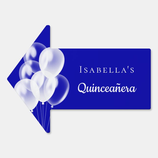 Quinceanera royal blue white balloons name arrow sign (Front)