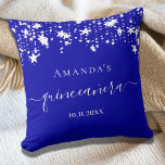 Quinceanera royal blue white stars name throw pillow<br><div class="desc">For an elegant Quinceañera,  15th birthday.  A trendy royal blue background color. Decorated with white stars. Personalize and add a name,  age and a date. Quinceañera is written with a modern hand lettered style script with swashes.</div>