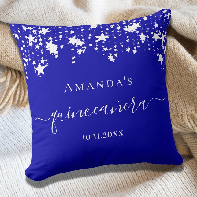 Quinceanera royal blue white stars name throw pillow (Creator Uploaded)