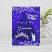 Quinceanera Royal Masquerade Blue Dress Heels Invitation (Standing Front)