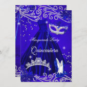 Quinceanera Royal Masquerade Blue Dress Heels Invitation (Front/Back)