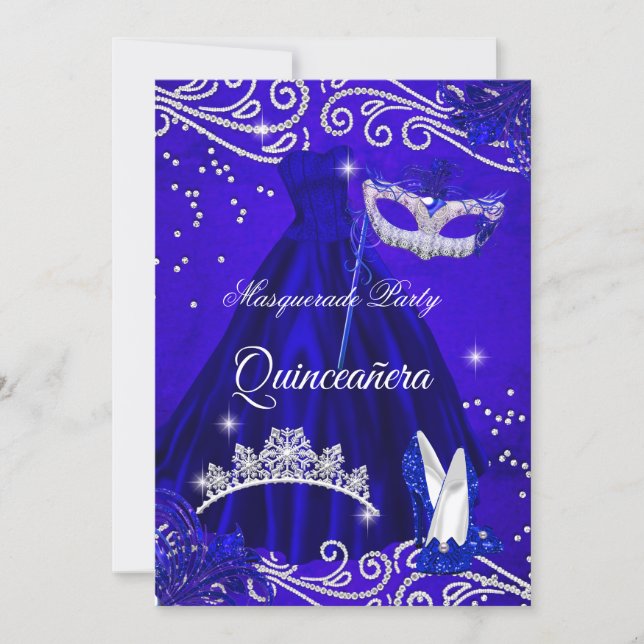 Quinceanera Royal Masquerade Blue Dress Heels Invitation (Front)