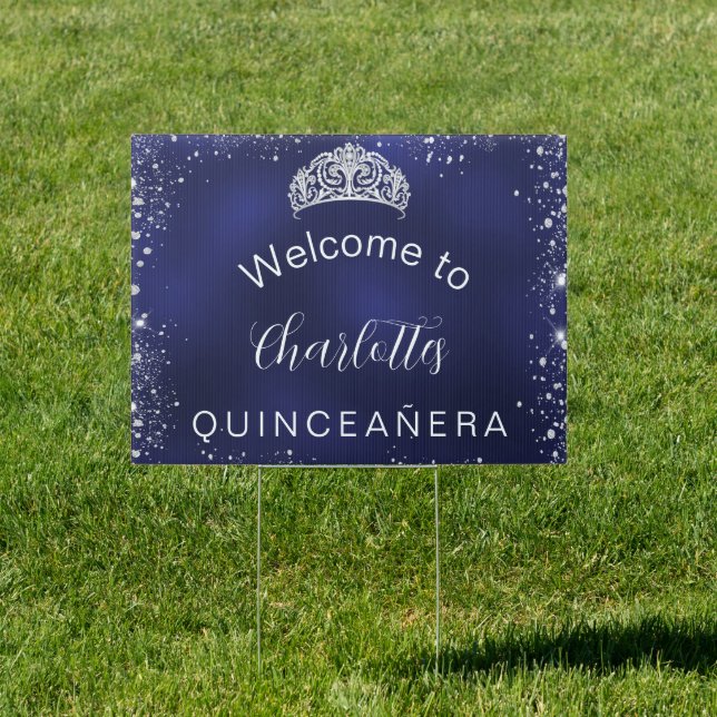 Quinceanera royal navy silver glitter welcome sign (Insitu)