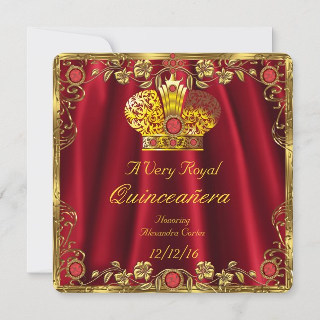 Quinceanera Royal Red Gem Gold Princess Crown 3 Invitation (Front)