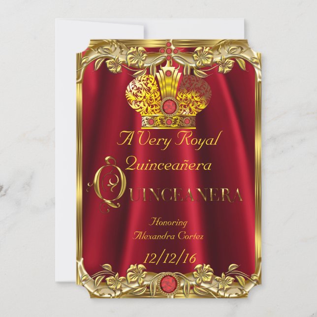 Quinceanera Royal Red Gem Gold Princess Crown Invitation (Front)