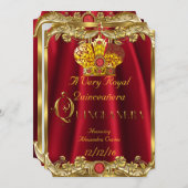 Quinceanera Royal Red Gem Gold Princess Crown Invitation (Front/Back)