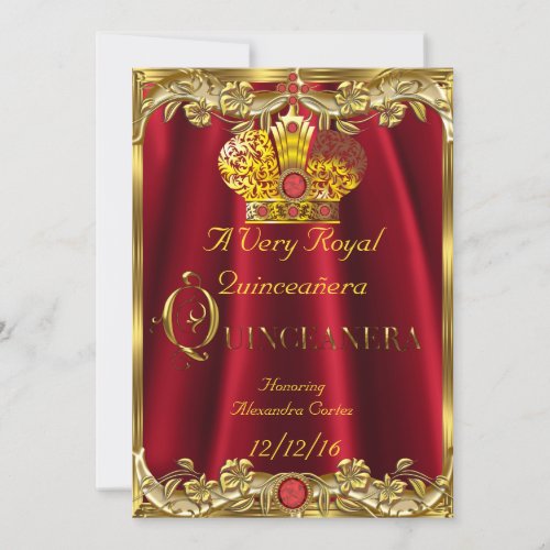 Quinceanera Royal Red Gem Gold Princess Crown Invitation