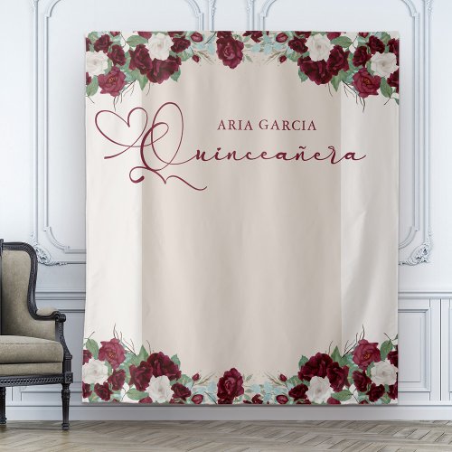 Quinceanera Royal Rose Burgundy Red Floral Tapestry