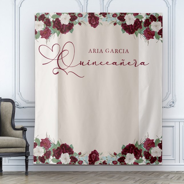 Quinceanera Royal Rose Burgundy Red Floral Tapestry (Floral Quinceanera backdrop with burgundy red and ivory roses)