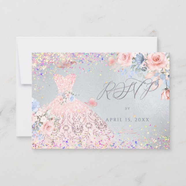 Quinceanera RSVP Blush Pin Glitter Gown Invitation (Front)