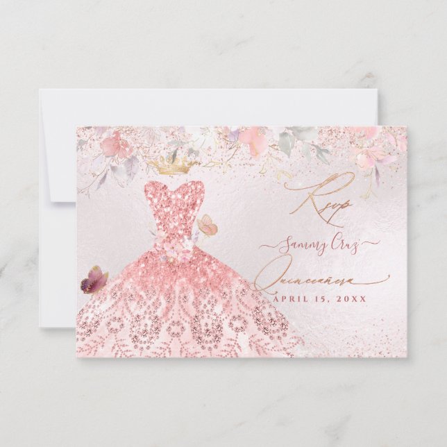 Quinceanera RSVP Blush Pink Dress Save The Date (Front)