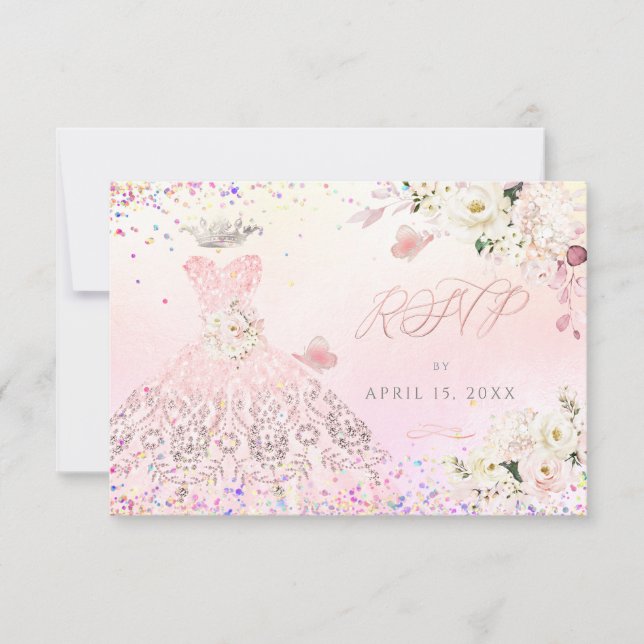 Quinceanera RSVP Blush Pink Glitter Gown  Invitati Invitation (Front)