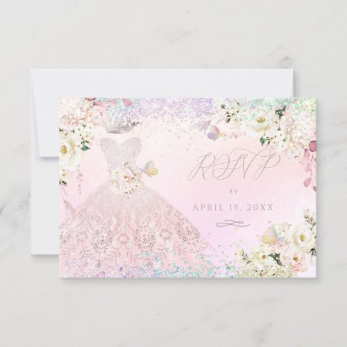 Quinceanera RSVP Blush Pink Gown Holographic Dream Invitation