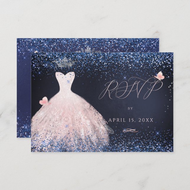 Quinceanera RSVP Butterfly Blush Gown Navy In Invitation (Front/Back)