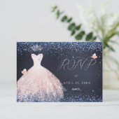 Quinceanera RSVP Butterfly Blush Gown Navy In Invitation (Standing Front)