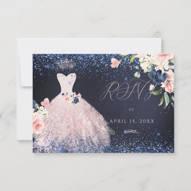 Quinceanera RSVP Butterfly Blush Gown Navy Invitation (Front)