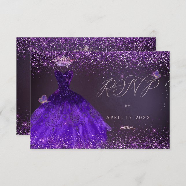 Quinceanera RSVP Butterfly Ultra Violet Gown Invitation (Front/Back)