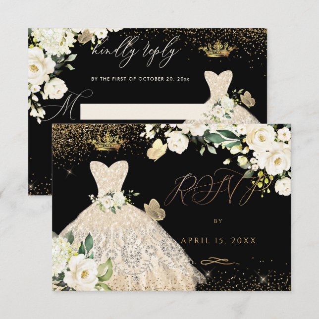 Quinceanera RSVP Champagne Gold Glitter Gown Invitation (Front/Back)