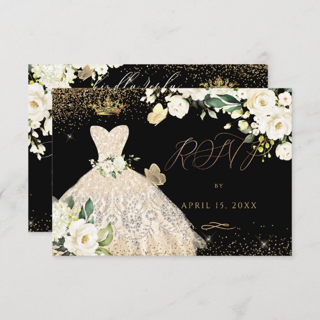 Quinceanera RSVP Champagne Gold Glitter Gown Invitation (Front/Back)