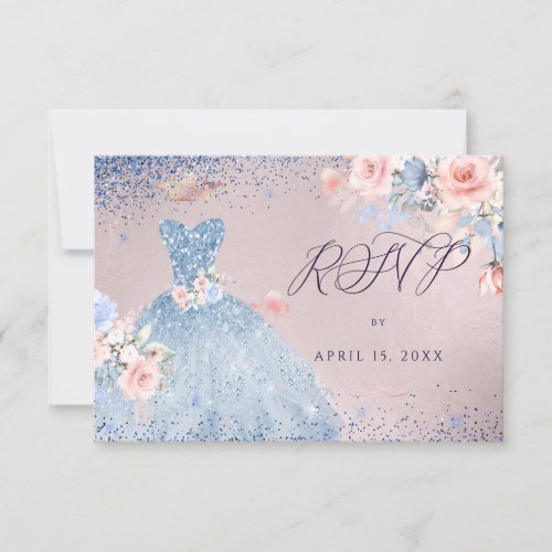 Quinceanera RSVP Dusty Blue Glitter Gown Invitation