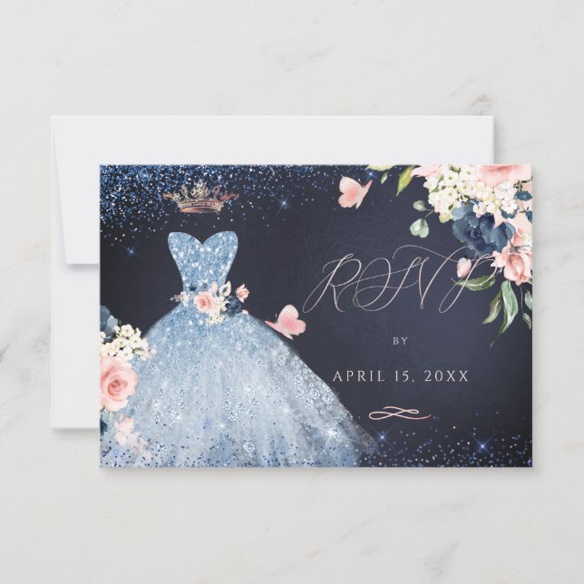 Quinceanera RSVP Dusty Blue Glitter Gown Invitation (Front)