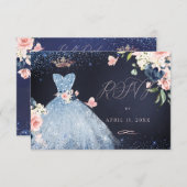 Quinceanera RSVP Dusty Blue Glitter Gown Invitation (Front/Back)