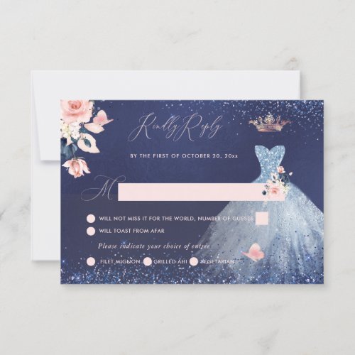 Quinceanera RSVP Dusty Blue Glitter Princess Gown Invitation