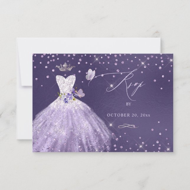 Quinceanera RSVP Dusty Purple Glitter Gown Invitation (Front)