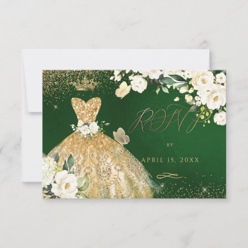 Quinceanera RSVP Emerald Green Gold Glitter Gown Invitation