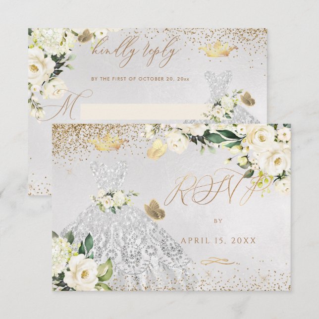 Quinceanera RSVP Silver Glitter Gown Invitation (Front/Back)