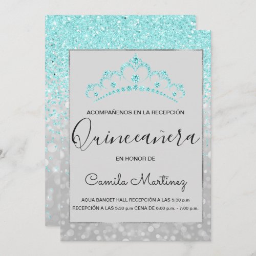 Quinceanera RSVP Teal Blue Girly Glitter Sparkle Invitation