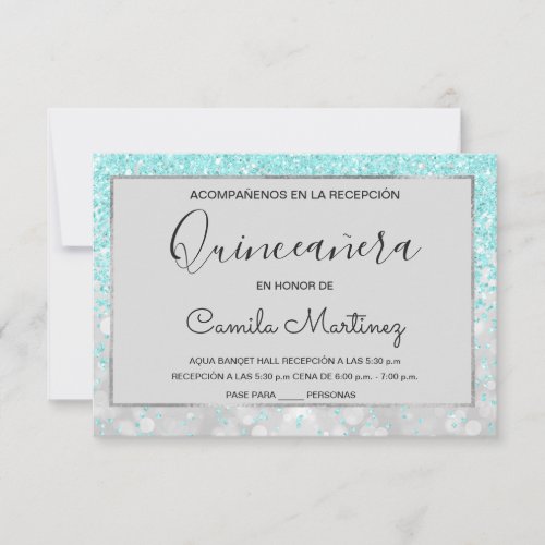 Quinceanera RSVP Teal Blue Girly Glitter Sparkle Invitation