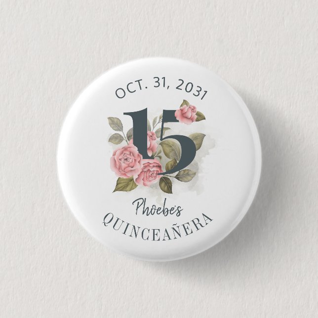 Quinceanera Rustic Floral 15th Birthday Button (Front)