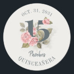 Quinceanera Rustic Floral 15th Birthday Classic Round Sticker<br><div class="desc">Cute modern yet elegant Quinceañera Mis Quince Anos birthday party stickers. Featuring a rustic floral olive green and pink colors design and template that can be easily edited and the text replaced with your own details by clicking the "Personalize" button. For further customization, please click the "Customize Further" link and...</div>