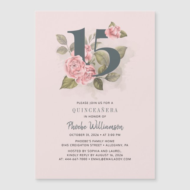 Quinceanera Rustic Floral 15th Birthday Magnetic Invitation (Front)