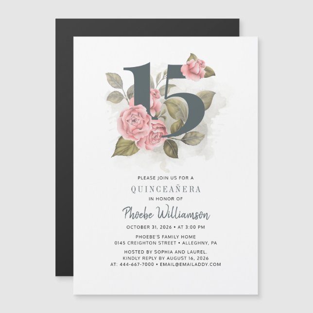 Quinceanera Rustic Floral 15th Birthday Magnetic Invitation (Front/Back)