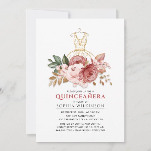 Quinceanera Rustic Floral Faux Gold Dress 15th Invitation